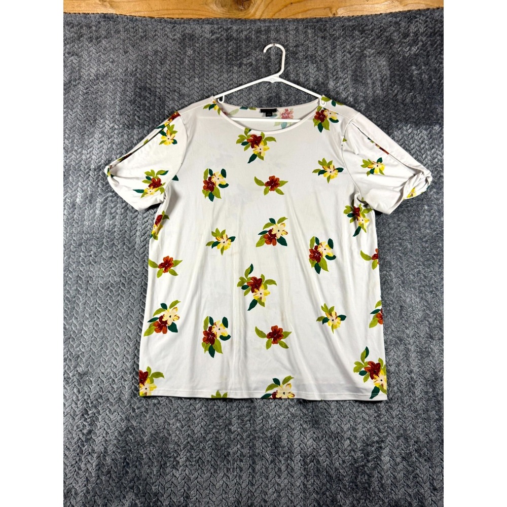 Ann Taylor Factory Womens XL White Floral Round Neck Split Sleeve T Shirt